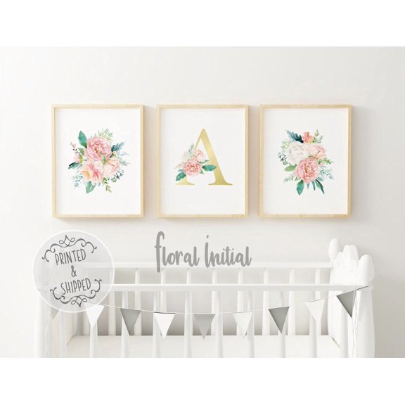 Set Of 3 Floral Initial Wall Art Prints, Baby Name, Nursery And Gallery Wall Decor