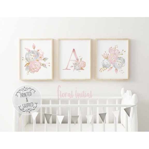 Set Of 3 Floral Initial Wall Art Prints, Baby Name, Nursery, Home And Gallery Wall Decor
