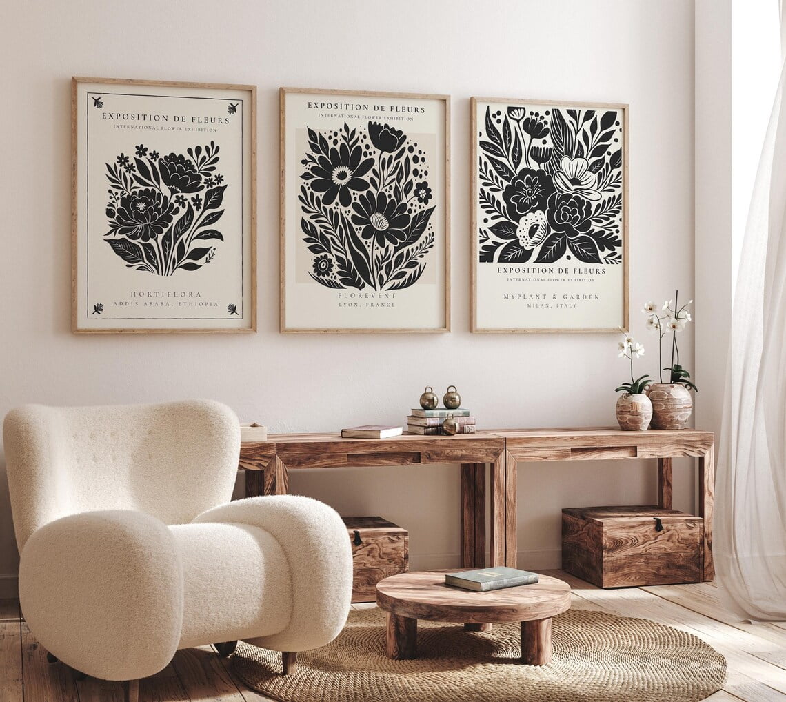 Set Of 3 Flower Exhibition Botanical Wall Art Prints, Black And White ...