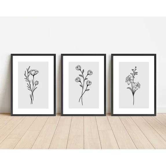 Set Of 3 Flower Line Art Print Wall Art Lounge Room Poster Gift Prints ...