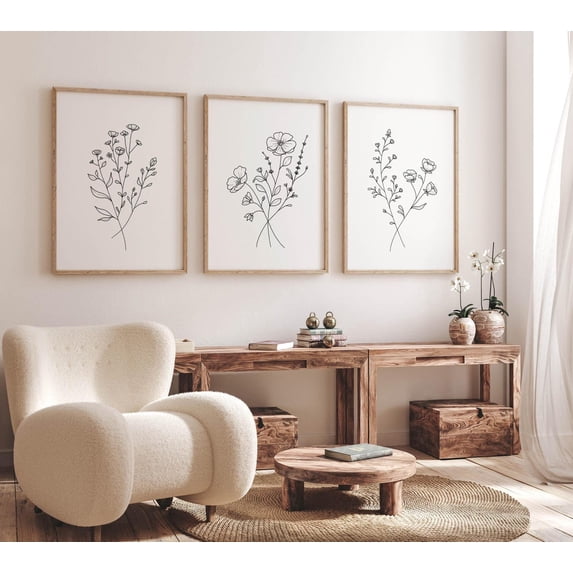 Set Of 3 Flower Line Wall Art Prints, Wildflower, Black And White ...