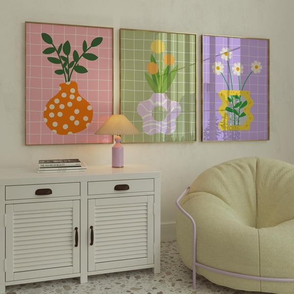 Set Of 3 Flower Vase Wall Art Prints, Danish, Botanical Bedroom And Living Room Decor