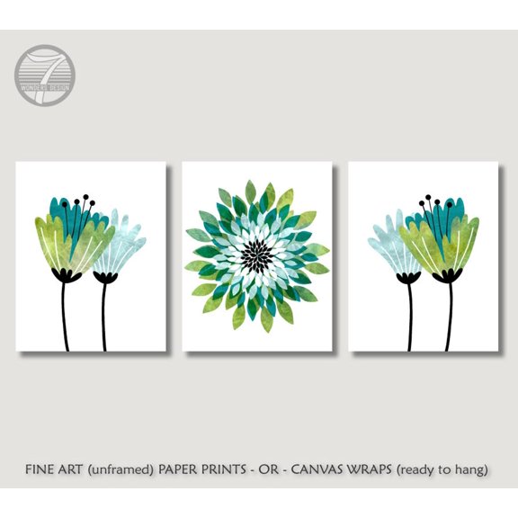 Set Of 3 Flowers And Bursts Teal Green Black Light Blue Handmade Abstract Wall Art Prints, Modern Living Room And Office Decor