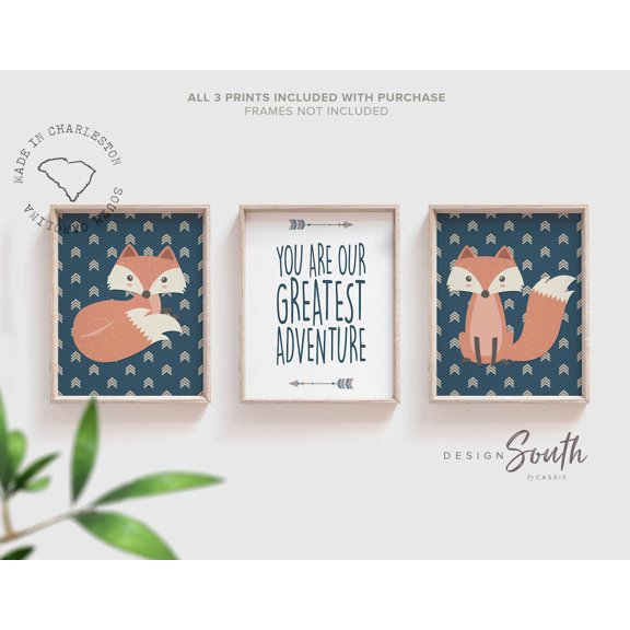 Set Of 3 Fox Adventure Woodland Animal Theme Nursery Wall Art Prints, Nursery And Gallery Wall Decor