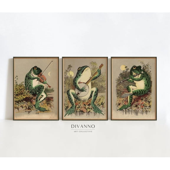 Set Of 3 Frog Prints Moonlight Frog Band Wall Decor Vintage Poster Retro Music Bathroom Decor Toad Art, Poster Only