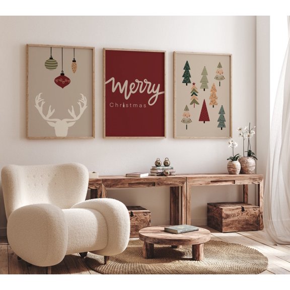 Set Of 3 Gallery Christmas Xmas Tree Render Hand Drawn Red Wall Art Prints, Seasonal Living Room And Home Decor