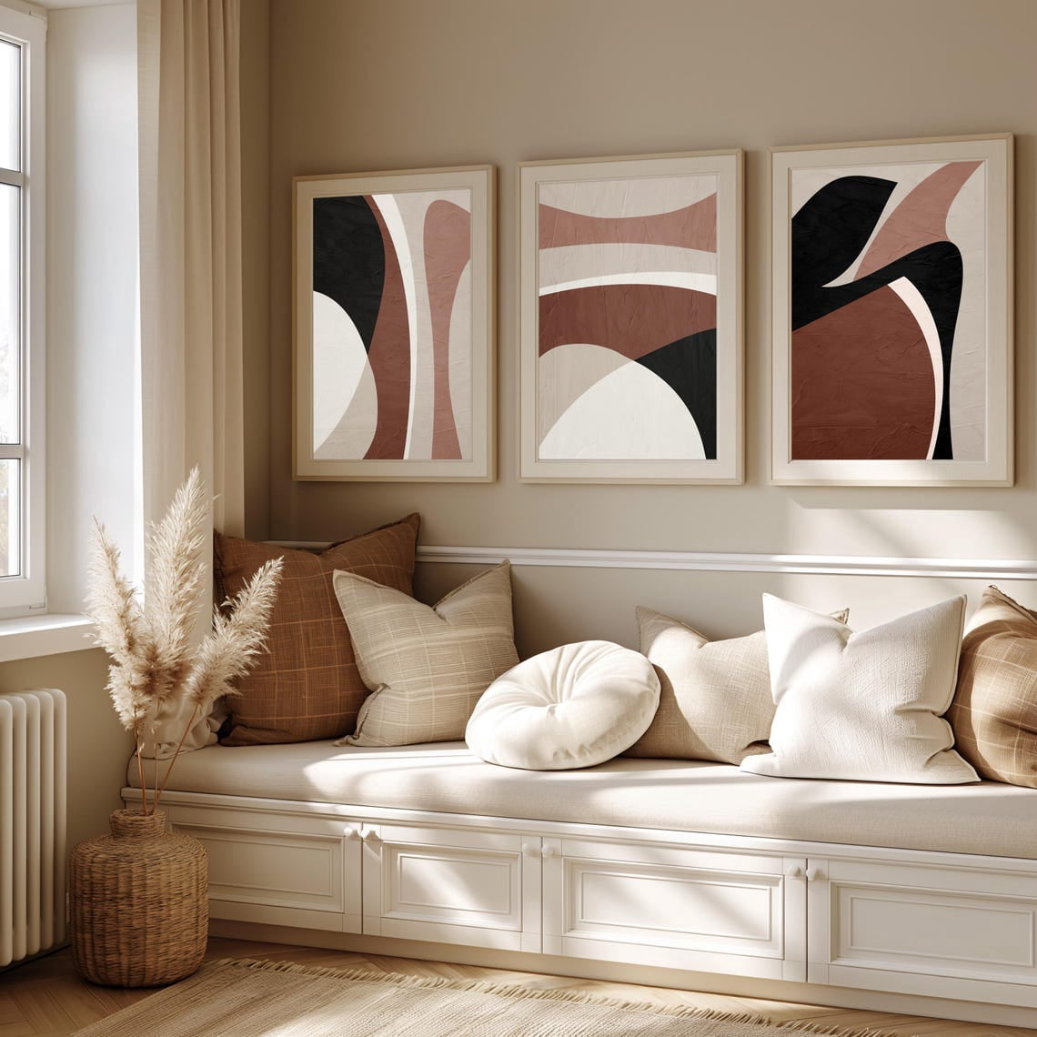 Abstract Faster Set Of 3 Geometric Abstract Wall Art Prints, Brown Neutral Beige, Fast ...