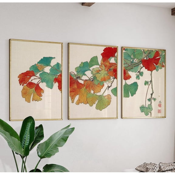 Set Of 3 Ginkgo Leaf Wall Art Prints, Japanese Woodblock Botanical Decor