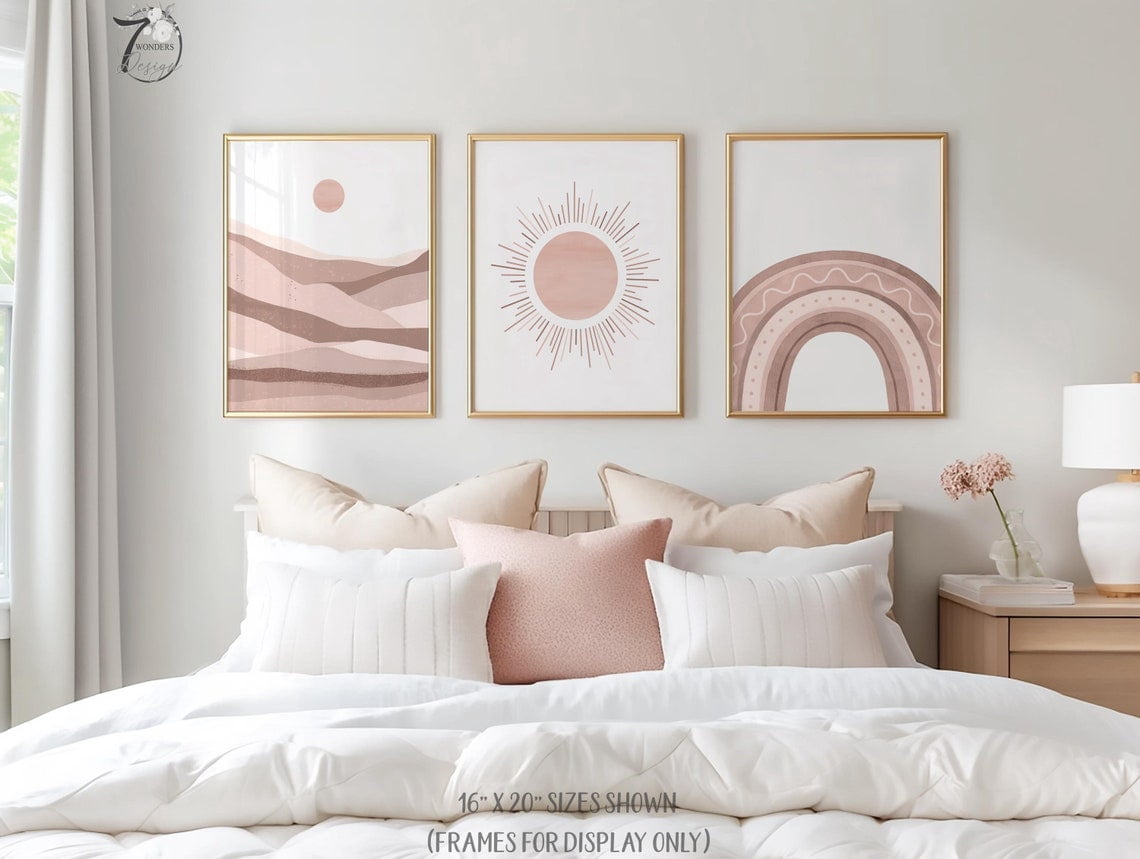 Set Of 3 Girls Boho Blush Pink Sunshine And Rainbow Wall Art Prints ...