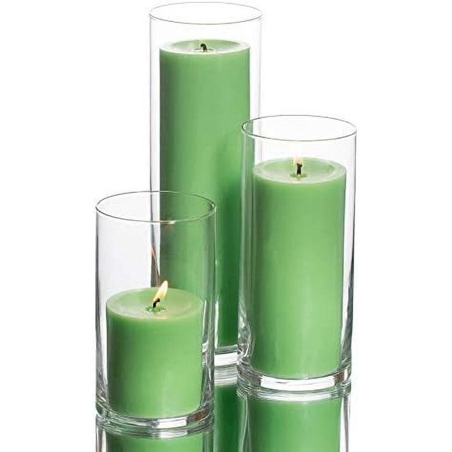 Set Of 3 Glass Eastland Cylinder Vases And 3 Green Pillar Candles 3