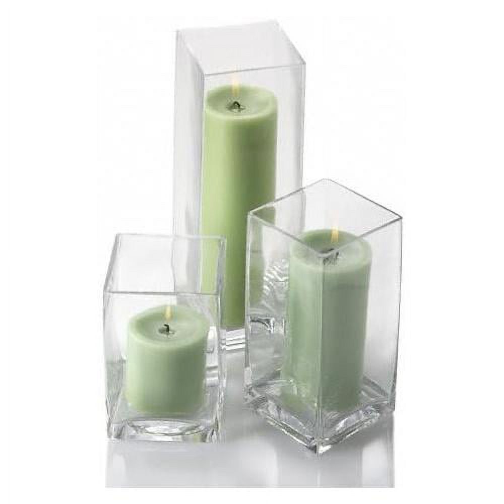 Set Of 3 Glass Eastland Square Vases & 3 Green Pillar Candles