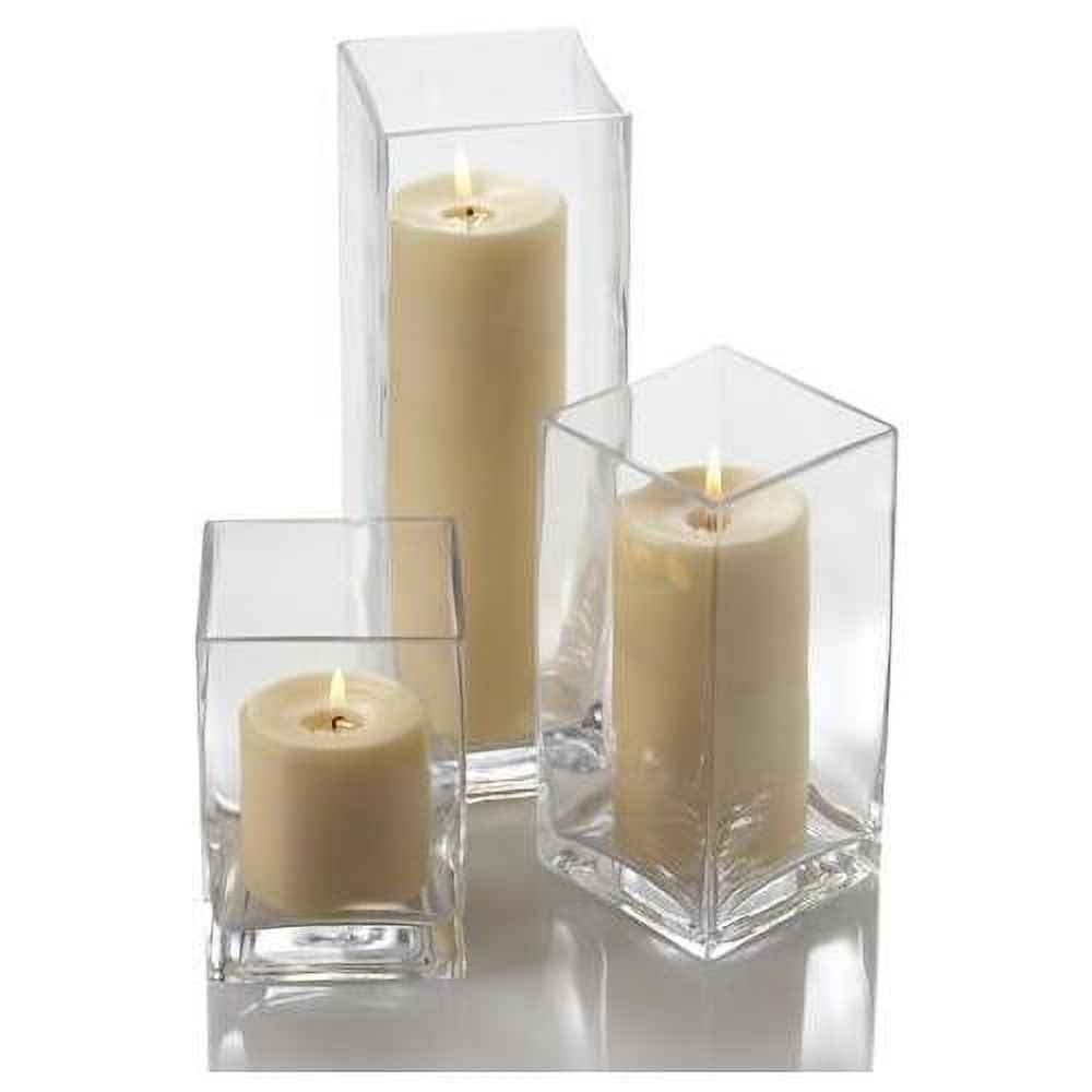 Set Of 3 Glass Eastland Square Vases & 3 Ivory Pillar Candles