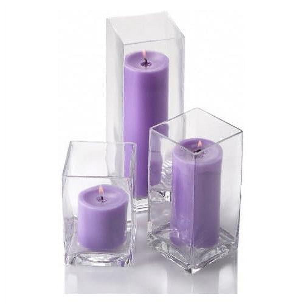Set Of 3 Glass Eastland Square Vases & 3 Lavender Pillar Candles