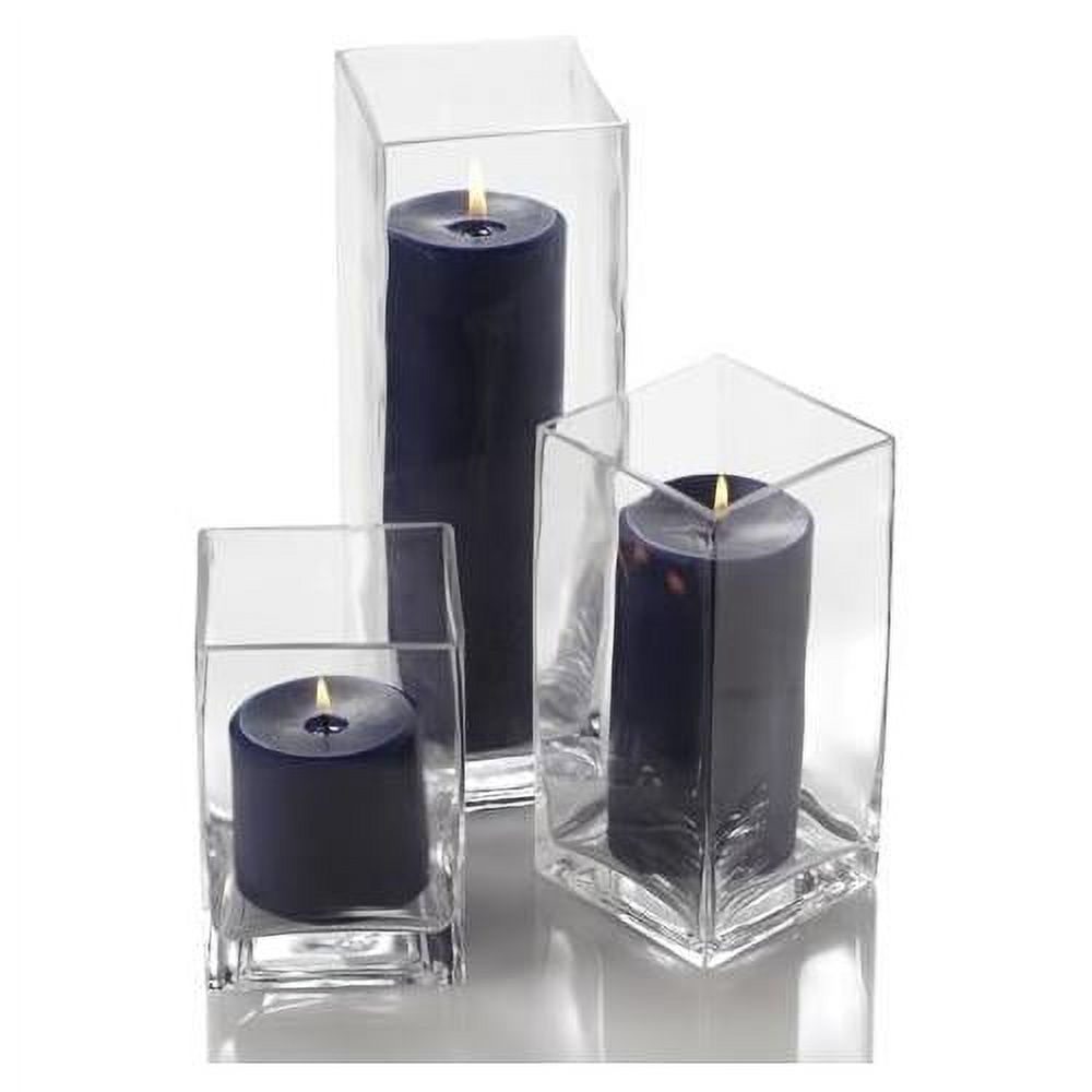 Set Of 3 Glass Eastland Square Vases & 3 Navy Blue Pillar Candles