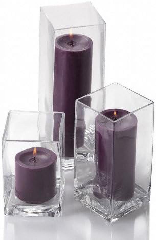 Set Of 3 Glass Eastland Square Vases & 3 Purple Pillar Candles