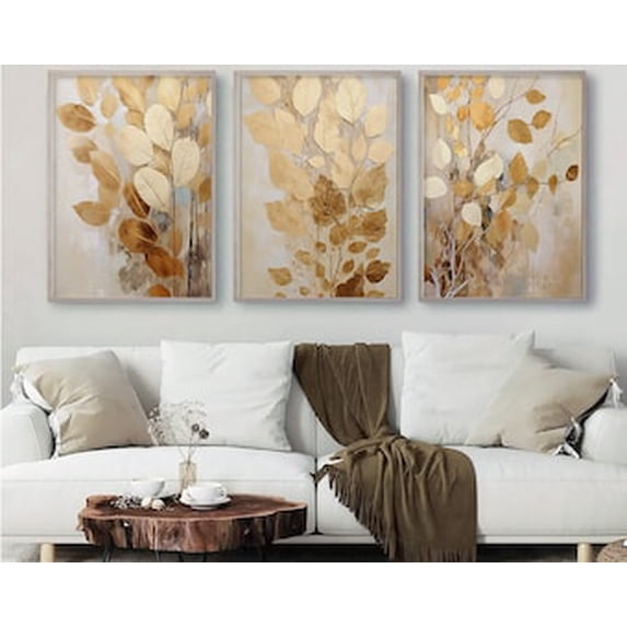 Set Of 3 Gold Autumn Leaves Wall Art Prints, Abstract Golden Tree ...