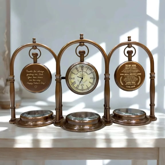 Set Of 3 Gold Clock, Vintage Desk Clock with Compass Grandmother, Grandfather, Birthday, Valentine Gift
