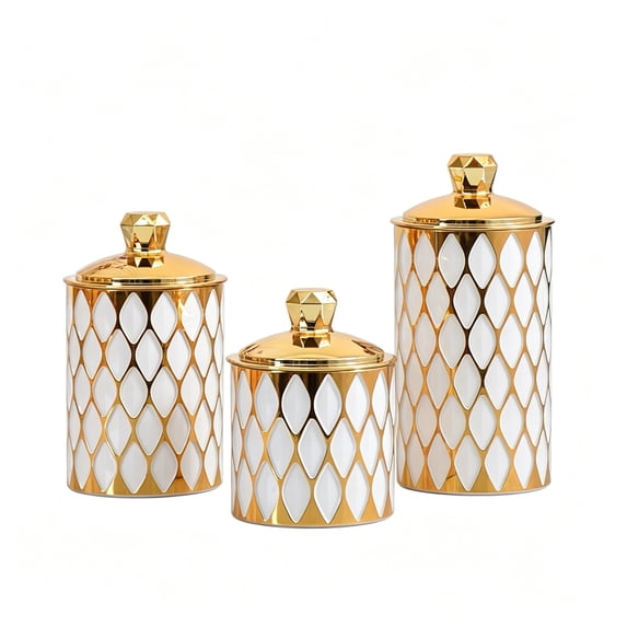 Set Of 3 Gold Detailing Food Grade Jars Kitchen Organization Coffee Containers