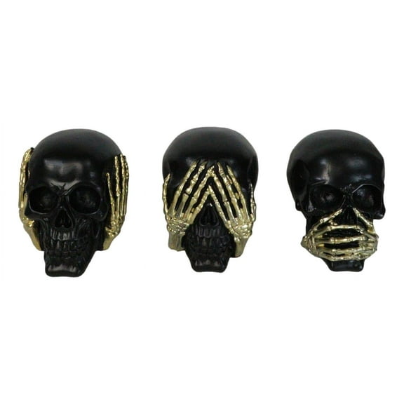 Set Of 3 Gothic Black See Hear Speak No Evil Skulls Golden Hands 3"H Figurines