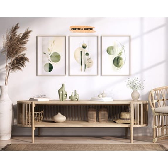 Set Of 3 Green And Beige Abstract Wall Art Prints, Minimalist Boho ...