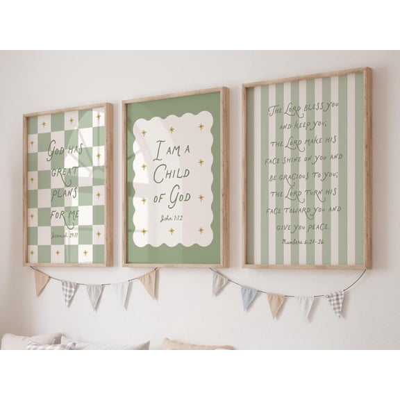 Set Of 3 Green Children Bible Verse Wall Art Bible Affirmation For Ministry Decor God Has Great Plans For Me I Am A Child Of God Poster, Poster Only
