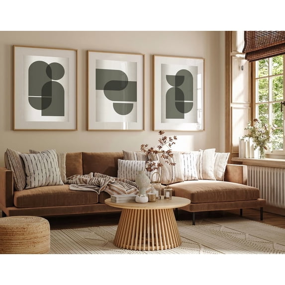 Set Of 3 Green Wall Art Prints, Geometric Abstract, Black Neutral, Fast ...
