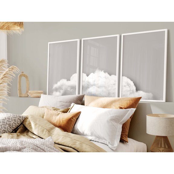 Set Of 3 Grey Cloud Wall Art Prints, Above Bed, Minimalist Japandi, Over, Bedroom And Gallery Wall Decor