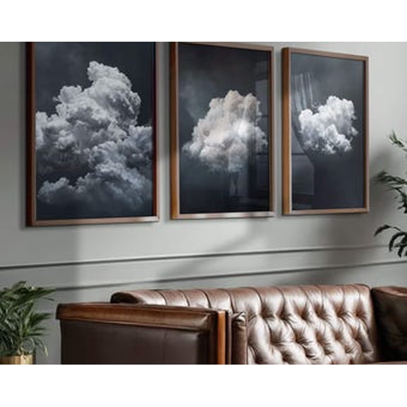 Set Of 3 Grey Clouds Over The Bed Wall Art Prints, White And Stormy Sky, Above, Bedroom And Gallery Wall Decor