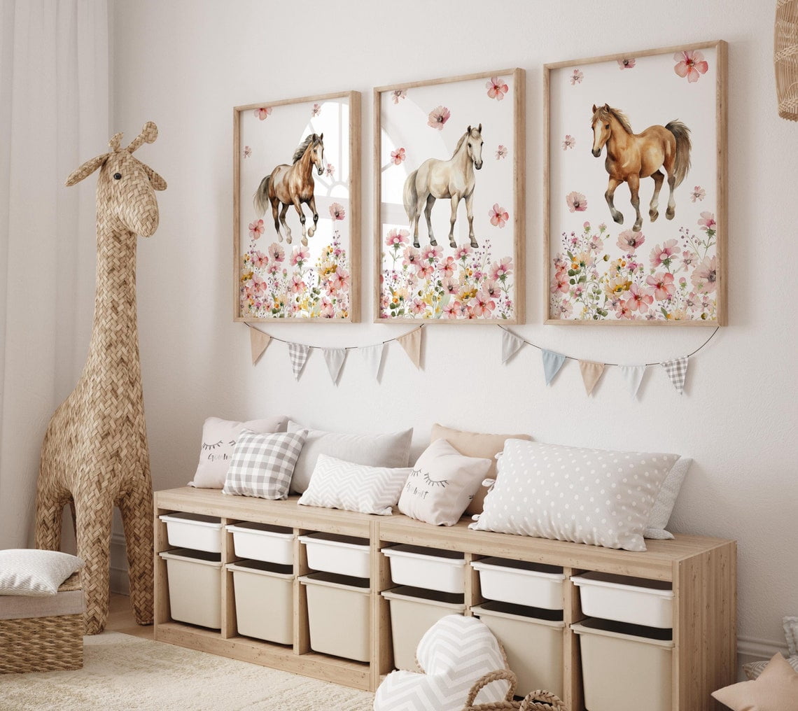 Set Of 3 Horse Wildflowers Flowers Modern Girl Nursery Wall Art Prints ...
