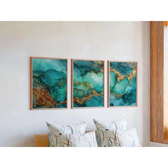 Set Of 3 Industrial Luxury Aged Copper Texture Triptych Modern Patina Blue Abstract Gallery Wall Art Prints, Modern Home And Office Decor