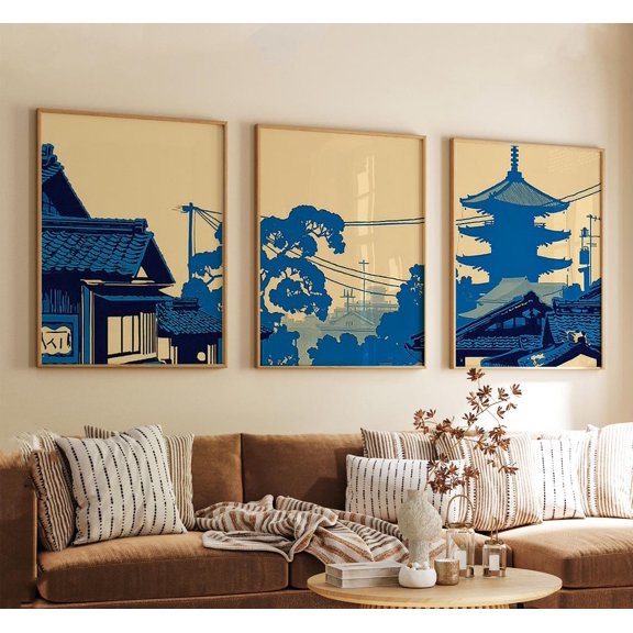Set Of 3 Japanese Kyoto Pagoda And Rooftop Silhouettes Wall Art Prints, Indigo Rooflines Over Warm Stone Sky, Bedroom And Home Decor