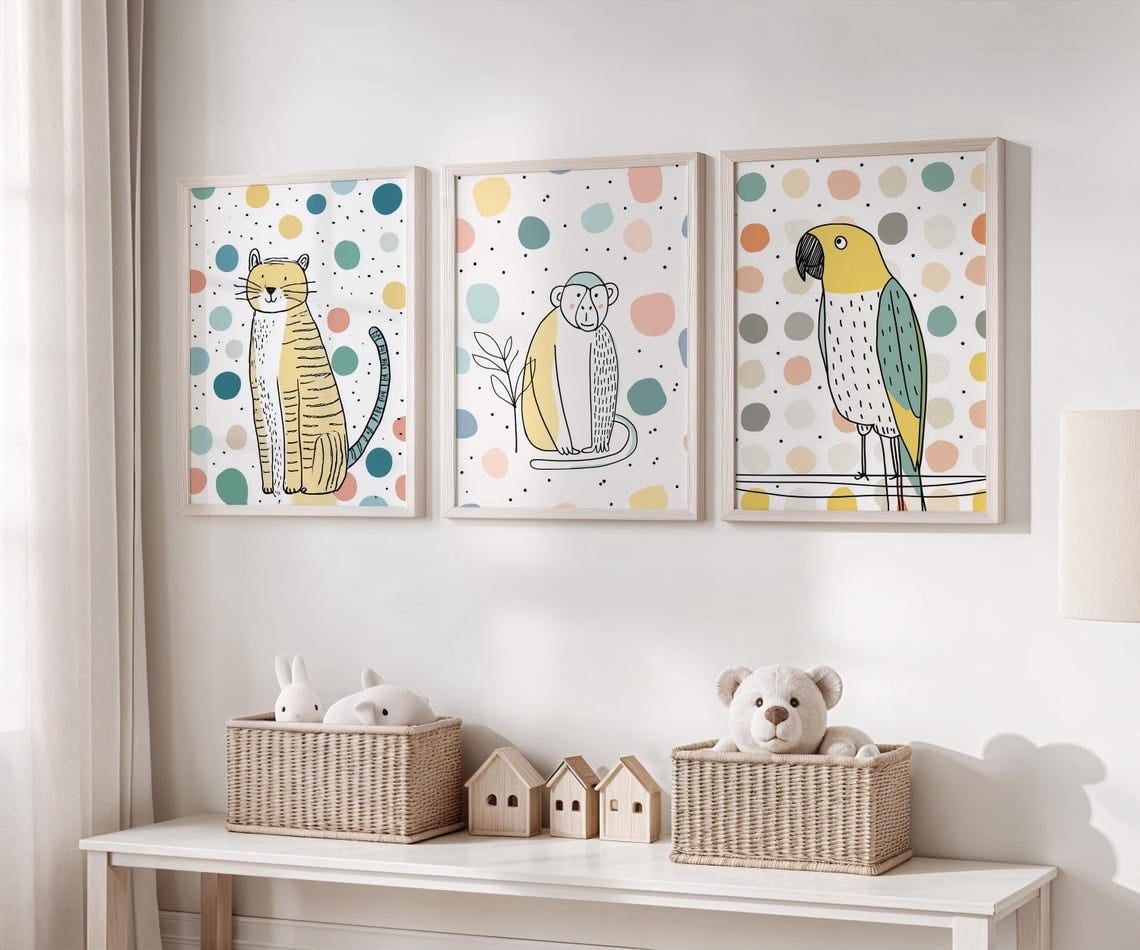 Set Of 3 Jungle Animal Monkey Tiger Parrot Nursery Wall Art Prints ...