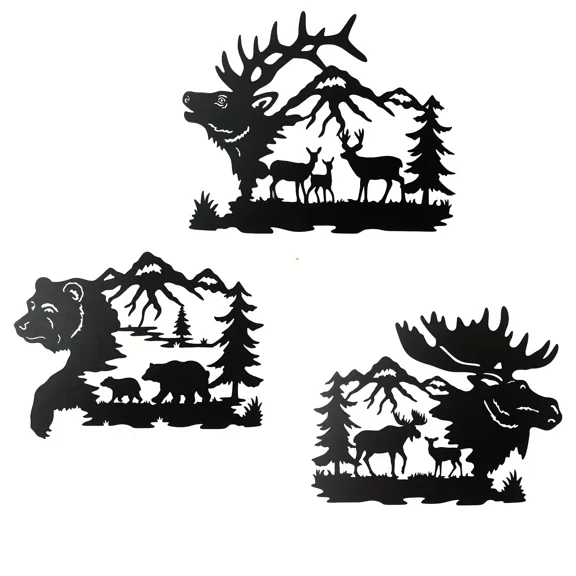 Set Of 3, Large 14 Inch Black Deer Bear Moose Rustic Cabin Wall Art Decor, Hunting Decor, Deer Bear Moose Decorations