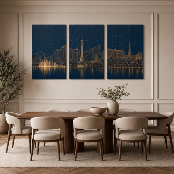 Set Of 3 Las Vegas Skyline Wall Art Prints, Navy Gold Casino Cityscape Office Decor