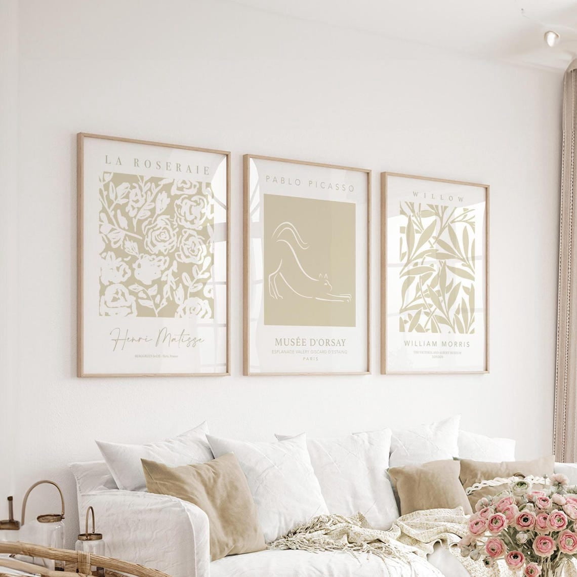 Set Of 3 Latte Beige And White Mid Century Modern Wall Art Prints ...