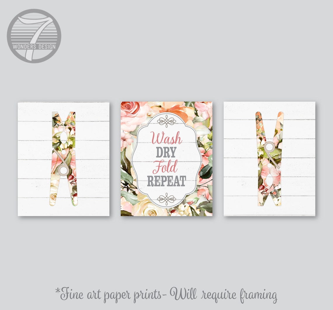 Set Of 3 Laundry Wash Dry Fold Repeat Floral Farmhouse Faux White Wall ...