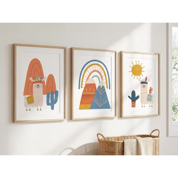 Set Of 3 Llama Alpaca Boho For Cactus Rainbow Mountain Gender Neutral ...