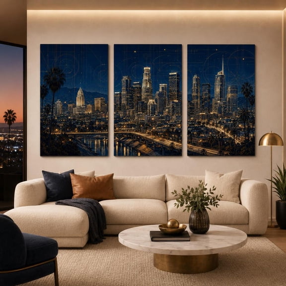 Set Of 3 Los Angeles Skyline Wall Art Prints, Navy Gold Downtown Blueprint Office Decor
