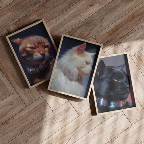 Set Of 3 Luxury Cat Portrait Wall Art Prints, Modern With Jewelry Collar, Glam Pet, Fancy Feline, Lover, Nature Inspired Living Room Decor