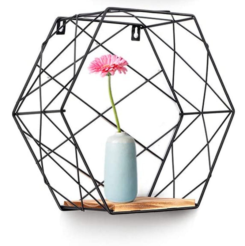 Set Of 3 Made Of Wood And Metal Hexagon Wall Shelf Hanging Shelf