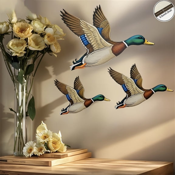 Set Of 3 Mallard Wall Decals - 2D Flat Flying Bird Stickers with Green Heads and Blue Wing for Home Decor, 0.5cm Thick