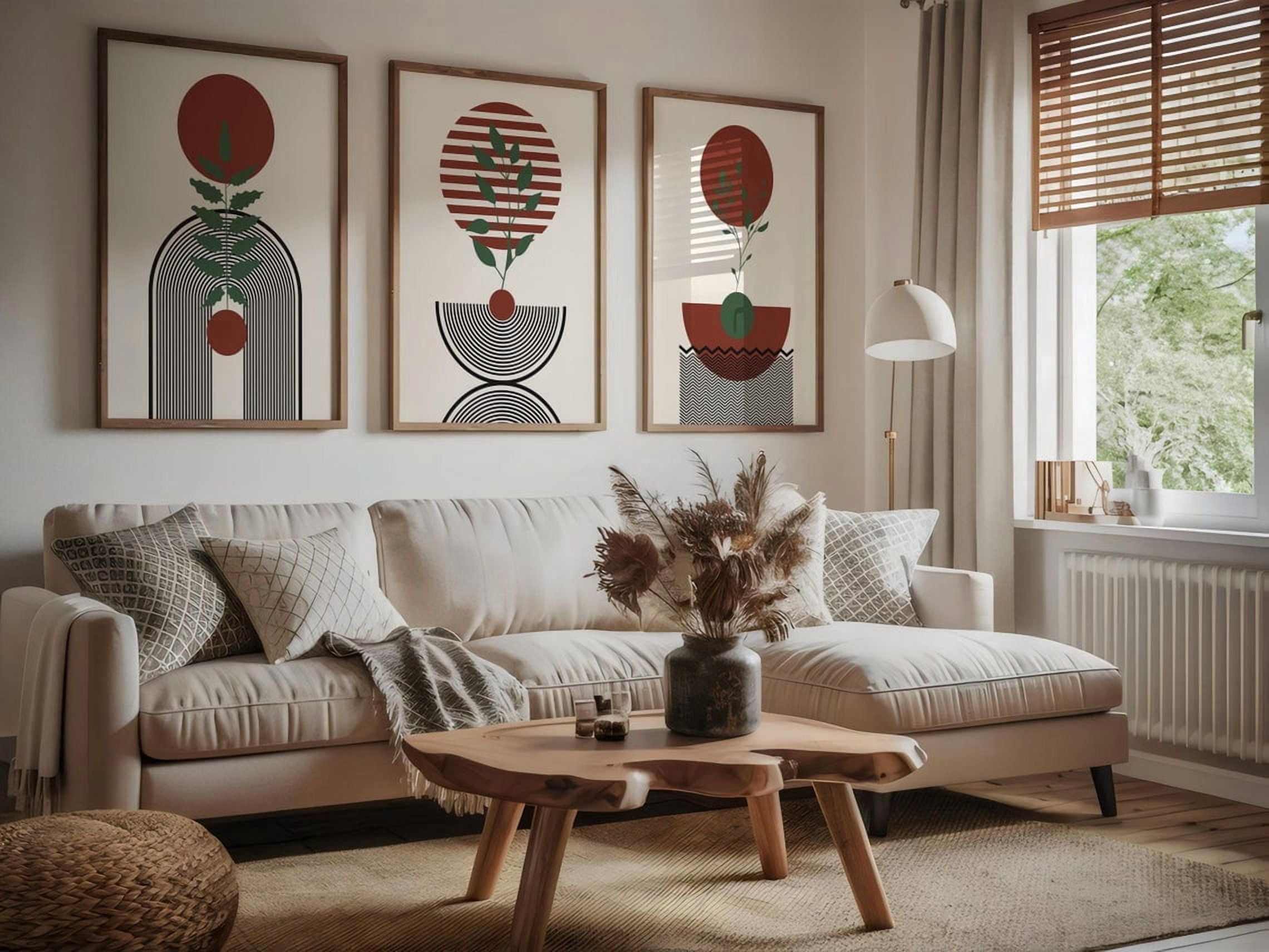 Set Of 3 Mid Century Modern Wall Art Prints, Abstract Plant, Terracotta ...