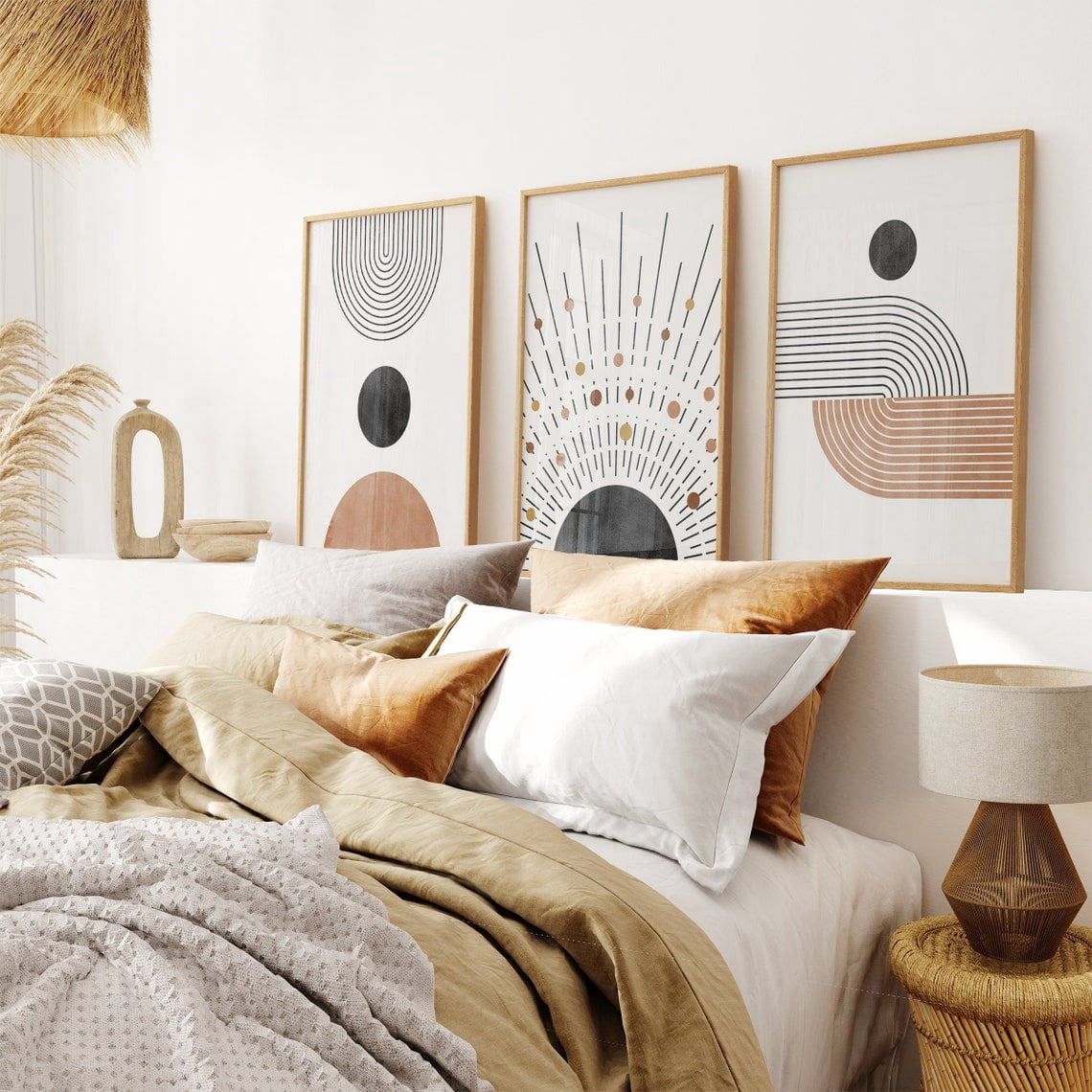 Set Of 3 Mid Century Modern Wall Art Prints, Geometric Neutral Brown ...