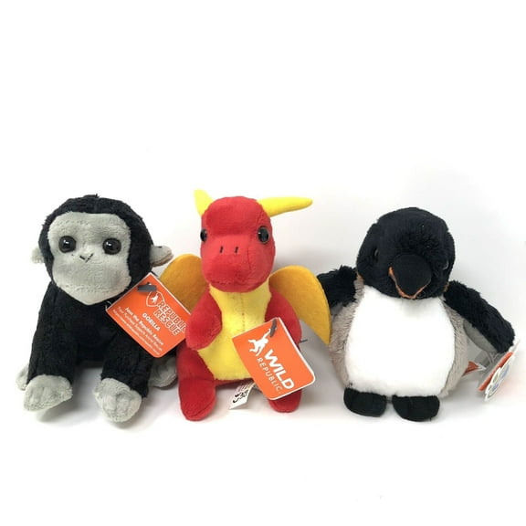 Set Of 3 Mini Plush Toy PocketKins - Dragon, Gorilla & Emperor Penguin Stuffed Animals 5-Inch