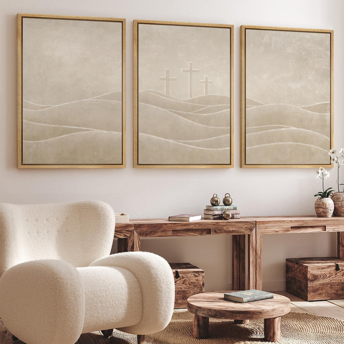 Set Of 3 Minimalist Three Crosses Wall Art Prints, Neutral Beige Hill ...