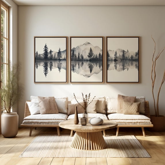 Set Of 3 Minimalist Wall Art Prints, Mountain Landscape, Black Beige ...