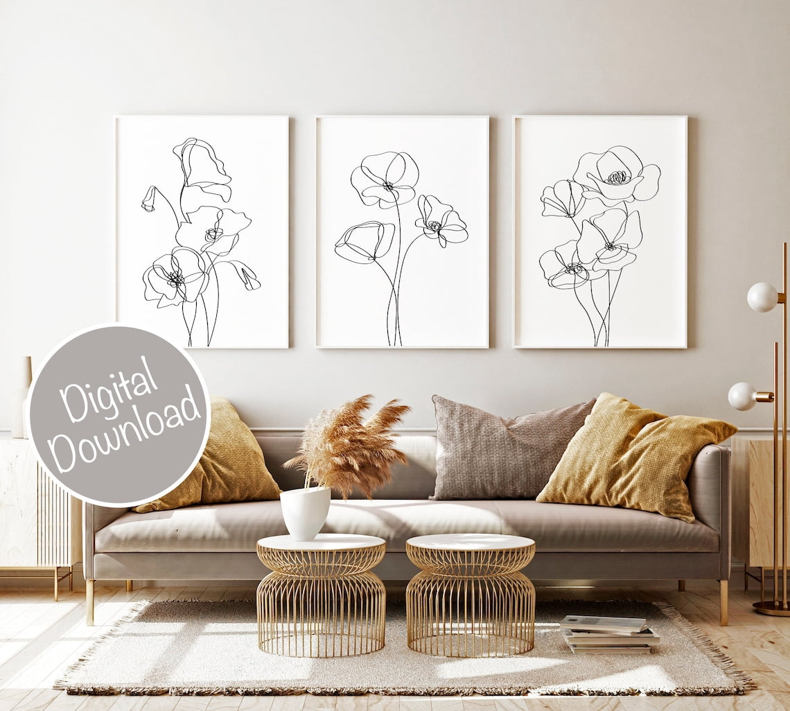Set Of 3 Minimalist Wall Art Prints, Single Line, One, Black And White ...