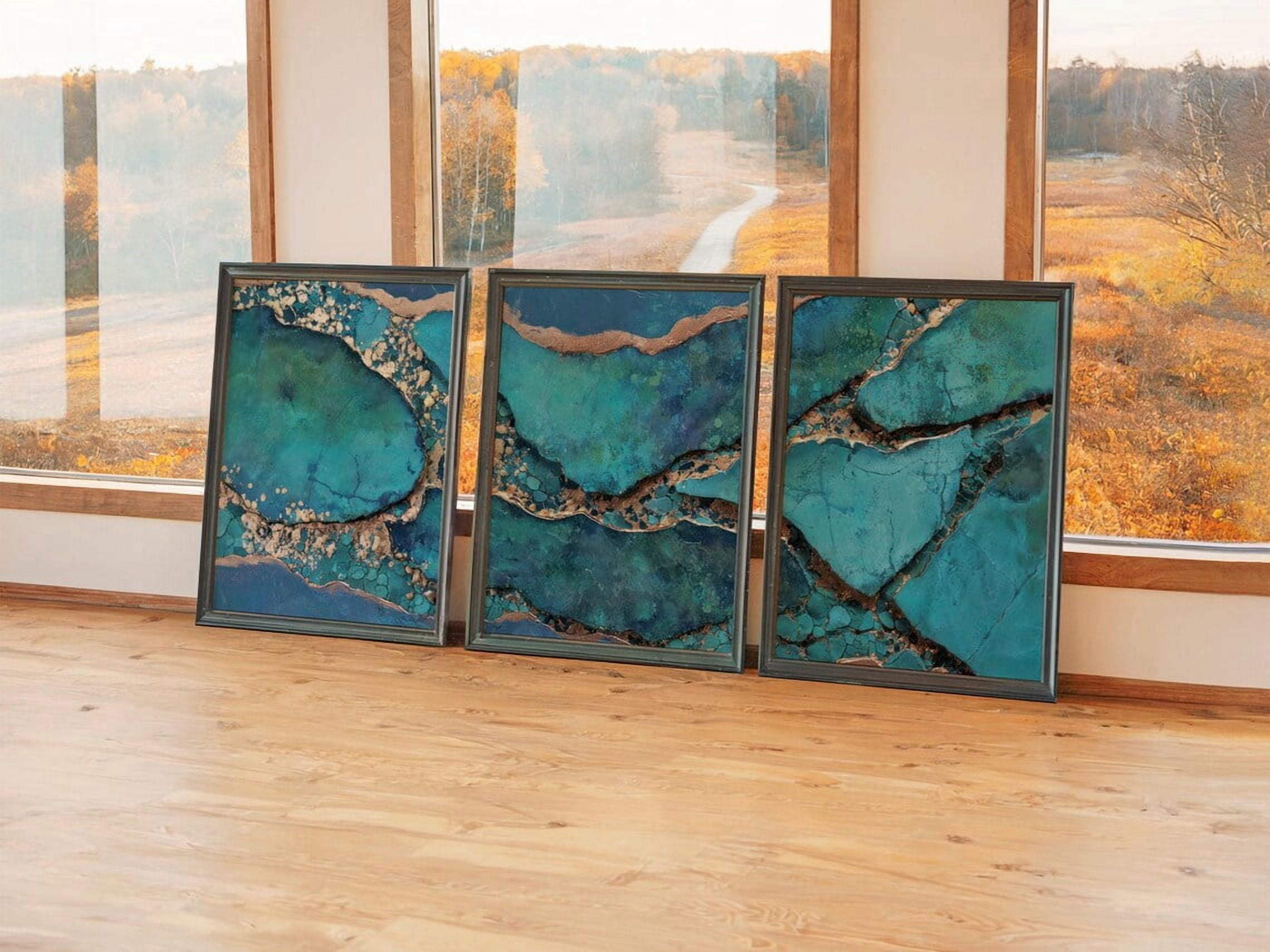 Set Of 3 Modern Luxury Turquoise Gold Fracture Triptych Abstract Stone ...