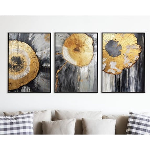 Set Of 3 Modern Nordic Abstract Wall Art Prints, Black Gold Tree Ring ...