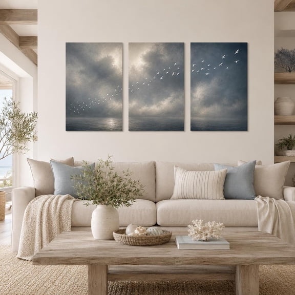 Set Of 3 Moody Blue Cloud Wall Art Prints, Flying Bird Abstract Decor